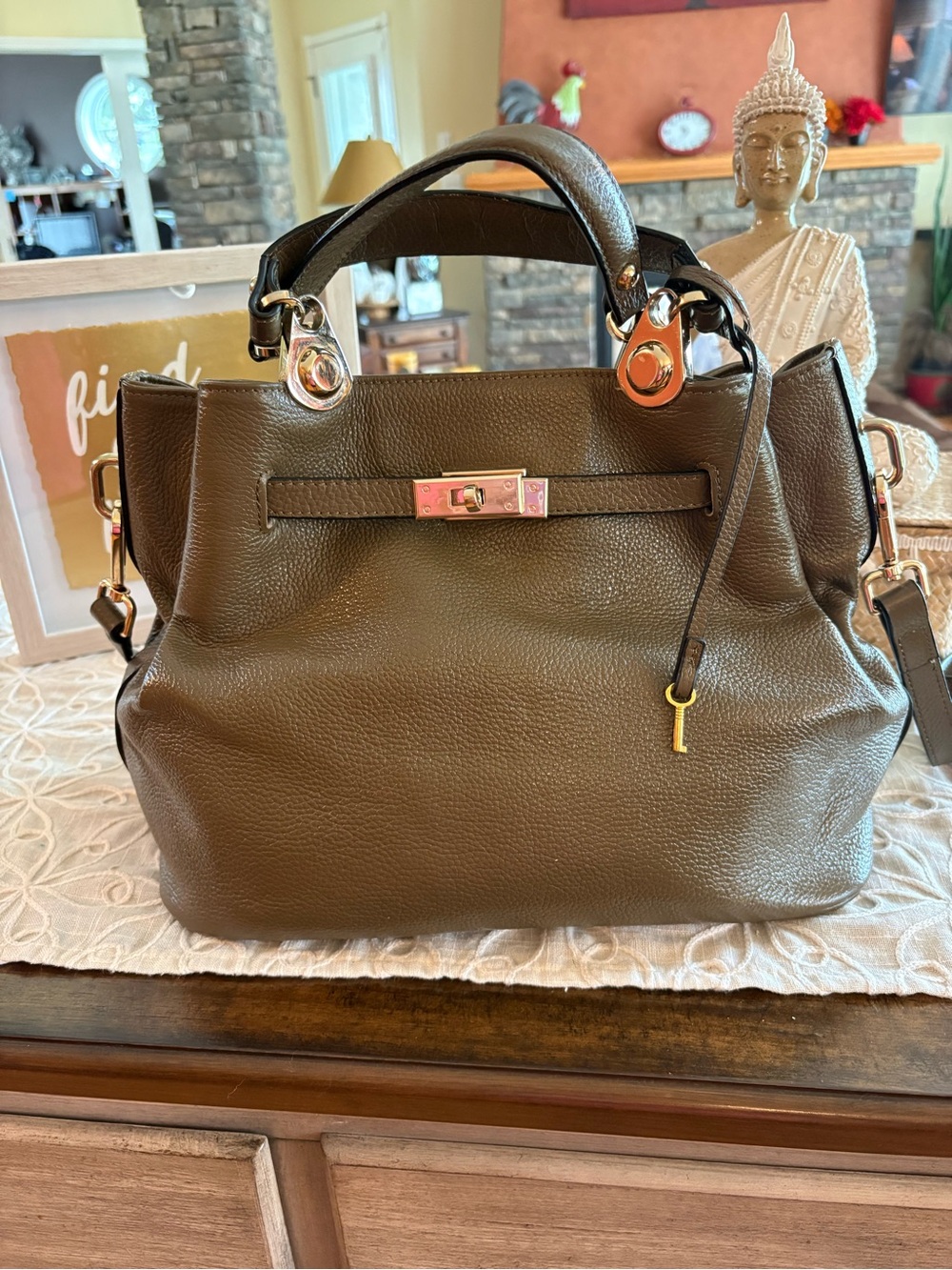 Bell & Bloom Olive Green Pebbled Leather Satchel Top Handle Crossbody Bag